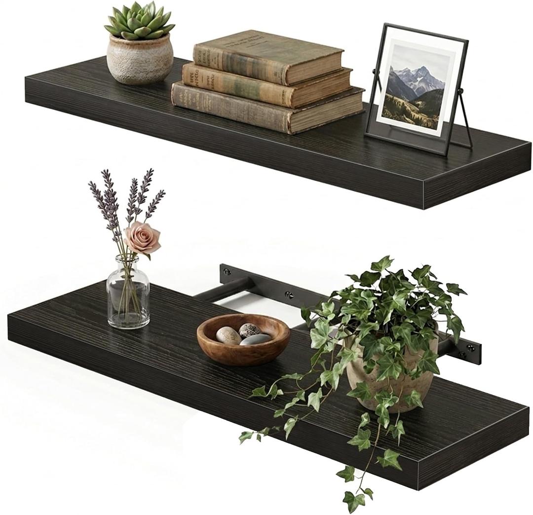 Fixwal Black Floating Shelves for Wall, 22" Long Wall Mounted Rustic Wood Shelves for Living Room, Bedroom, Bathroom and Kitchen, Wall Shelves for Storage, Books, Room Decor Set of 2, 22in