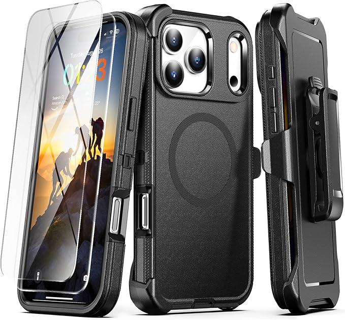 TUTUKII Compatible with iPhone 17 Pro Max Case with Belt Clip Holster, 2X Screen Protector, Shockproof, Compatible with MagSafe, 3Layer, Heavy Duty Magnetic Phone Case Cover, 6.9", Black