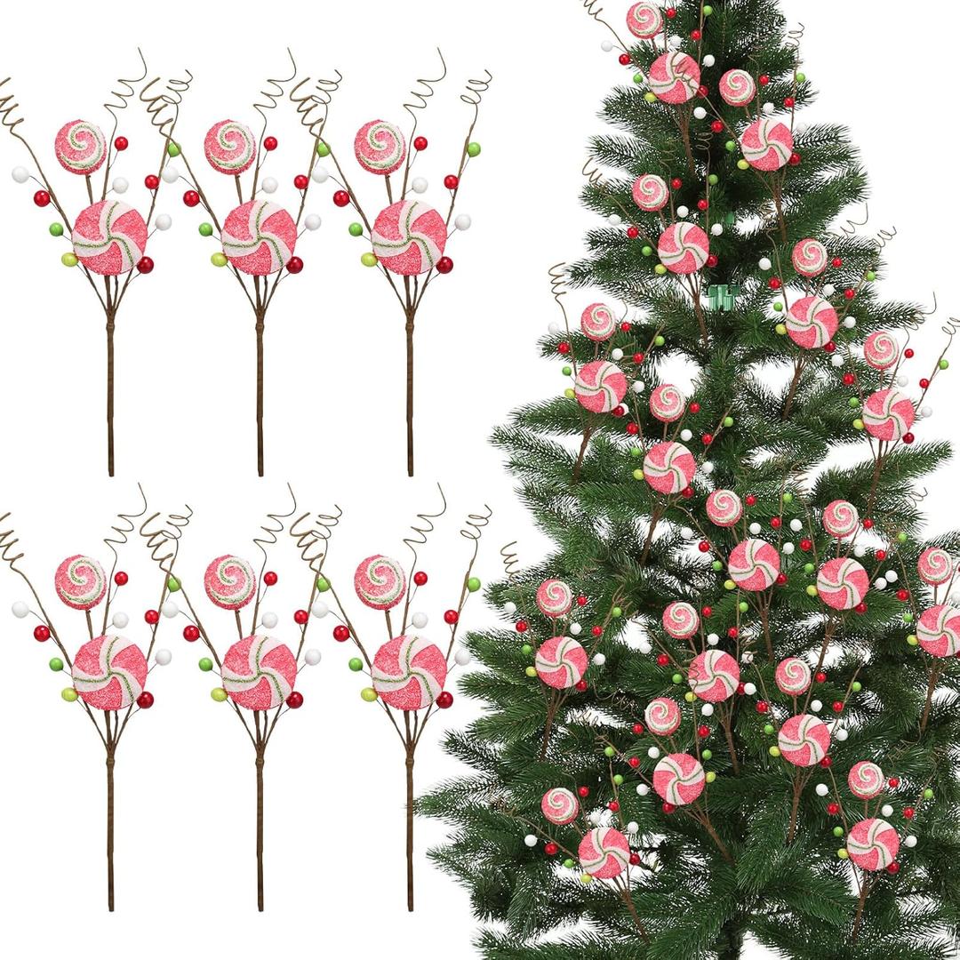 Yinkin 6 Pcs Peppermint Candy Cane Pick Spray Ornament 13 Inches Red Green White Stripe Lollipop Sprays Floral Berry Christmas Picks and Sprays for Christmas Tree Wreath Decoration Home Party Craft