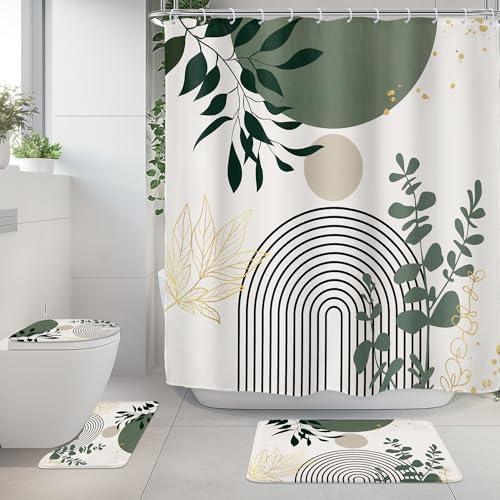 Riyidecor Boho Sage Green 4Pcs Shower Curtain Set with Toilet Lid Cover and Non-Slip Rugs, Mid Century Modern Minimalist Bathroom Decor Set，Abstract Contour and Bath Mat with 12 Hooks
