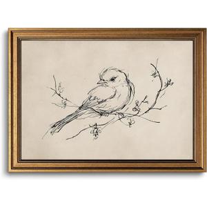 Gold Framed Wall Art Vintage Minimalist Birds Canvas Art Farmhouse Animals Picture Sketch Wall Decor Antique Prints Rustic Paintings Country Artwork for Bedroom Bathroom Living Room 16x24 Inch