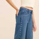 D-Sun Women's Mid Rise Straight Leg Jeans Studded Wide Leg Casual Jeans Rivet Stretchy Baggy Denim Pants (Blue)