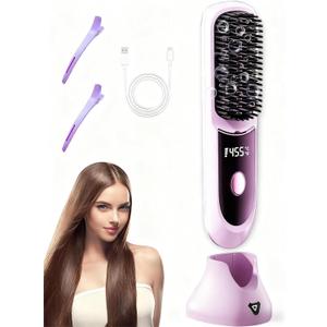 Go Brush Pro Hair Straightener  Cordless Comb with Negative Ion, 7400mAh Fast Heating & Portable Travel Design, Rechargeable Brush for Straightening and Curling (Purple-1Pcs)