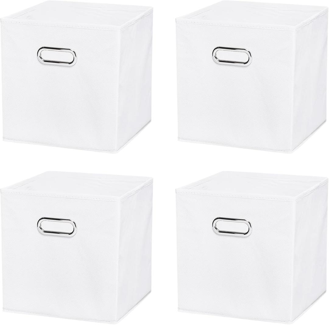 PATIKIL Foldable Storage Cube Bins, 4 Pcs Fabric Storage Bins Cube Organizer with Handle for Home Bedroom Shelf Closet Organization, White (13"x13"x13")