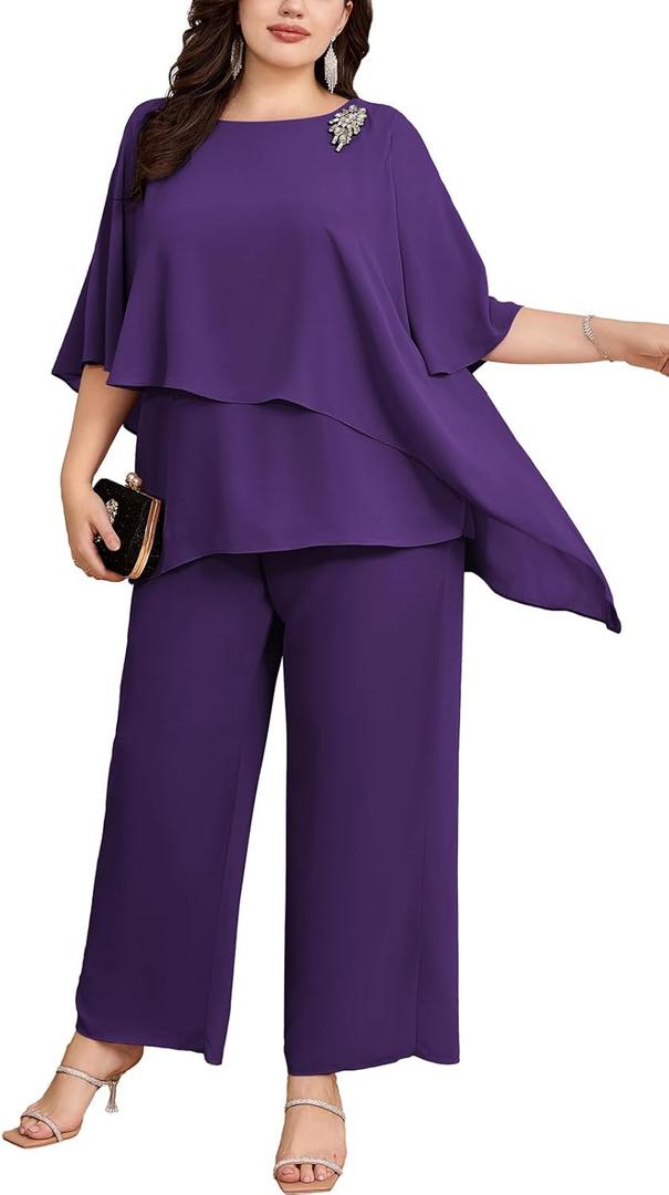 Hanna Nikole Plus Size Mother of Bride Pant Suits 2 Piece Chiffon Sets Ruffle Layers Wedding Guest Outfit (Small, Purple)
