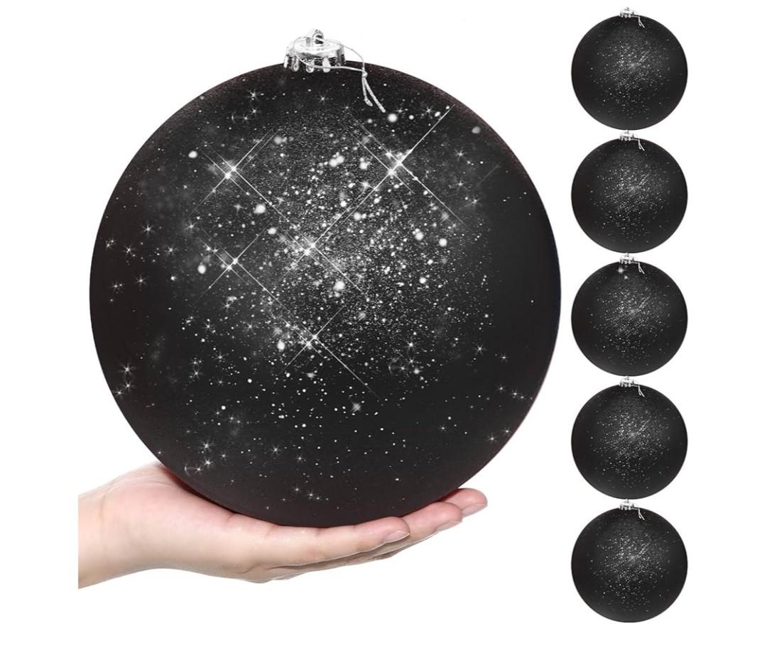 Zubebe 6 Pcs 8" Extra Large Outdoors Christmas Balls Ornaments Jumbo Oversized Christmas Tree Decorations Giant Hanging Xmas Plastic Balls Ornaments for Lawn Yard Decoration (Black Glitter)