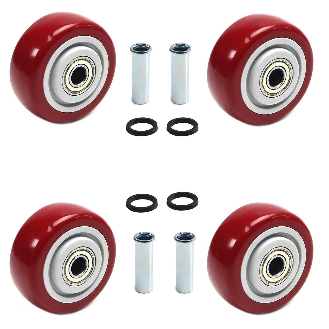 Juvielich 4Pcs Push Cart Wheels 3 Inch PU Caster Wheels Bearings Repair Kits,Heavy Duty Plate Casters Wheels with 3/8 inch bore,Shelf replacement 3 x 1.25 caster wheel for Platform Trucks,Trolly