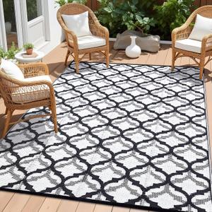 OLANLY Reversible Outdoor Rug 9x12 ft Clearance, Waterproof Outdoor Plastic Straw Rug with Interlacing Pattern, RV Mat for Patio, Camping, Balcony, Deck, Backyard, Black & White (9' x 12')