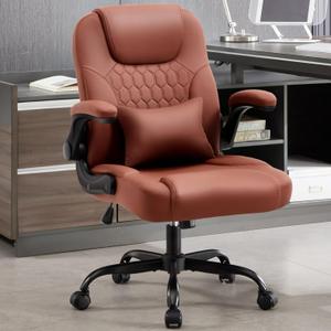 Executive Office Chair PU,Leather Office Chair with Wheels,360 Swivel Rolling Chair with Padded Arms,Ergonomic Computer Chair with Lumbar Support for Short People Use(Brown), Standard