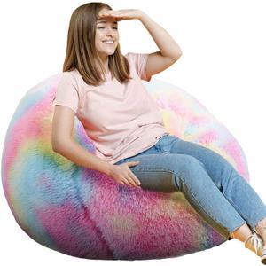 Fluffy Bean Bag Chair, 3FT Round Foam Filled Bean Bag for Teens & Kids, Ultra Soft Faux Fur Fabric Bean Bag Chairs for Playroom, Living Room, Bedroom, Rainbow (Medium)