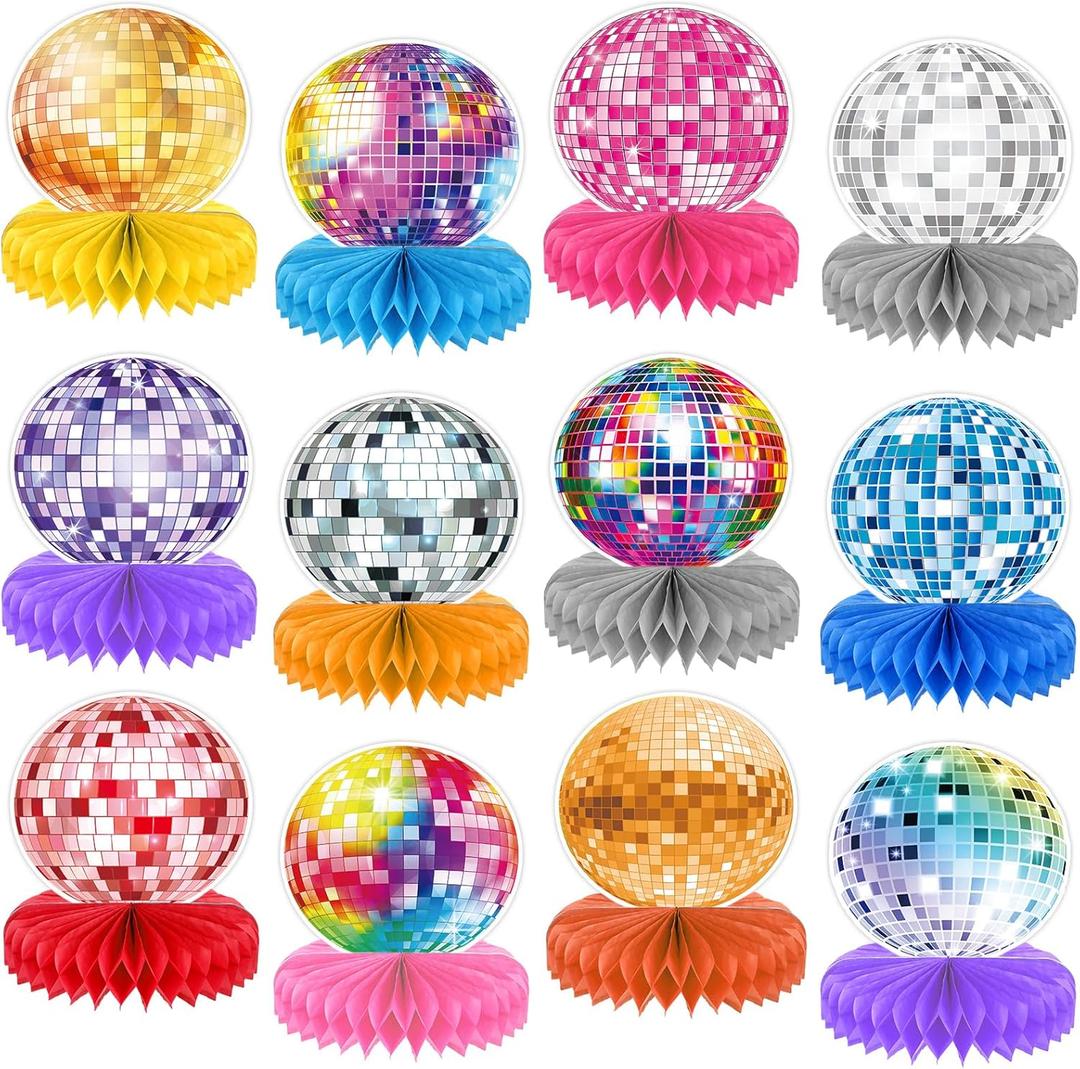 12PCS Disco Ball Centerpieces Disco Ball Party Decorations Colorful Disco Ball Table Decor 70s 80s Theme Music Party Honeycomb Centerpieces for Party Birthday Supplies