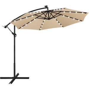 Yaheetech 10FT Solar Offset Umbrella with 32 LED Lights Cantilever Hanging Outdoor Umbrellas Handy Crank & Cross Base for Lawn/Deck/Backyard/Pool Tan