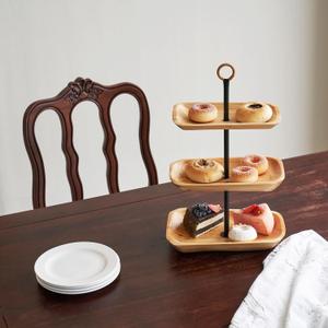 3 Tiered Tray Stand - Fruit Basket for Kitchen Counter Wood Fruit and Snack Bowl Multi-Level Serving Tray for Organizing Snack, Nuts, Cake, DessertRectangular