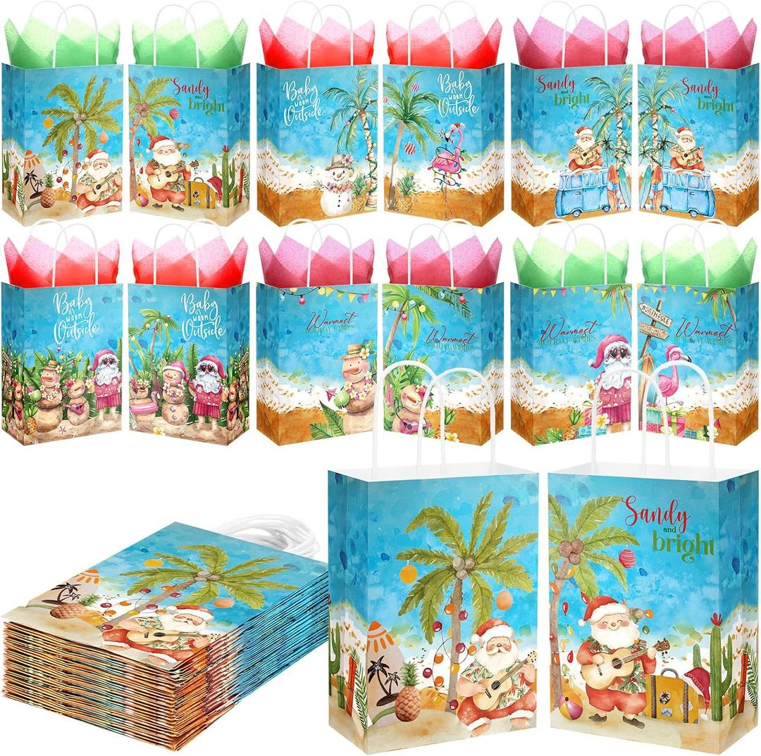 Sinload 36 Sets Summer Christmas Party Gift Bags with Tissue Paper Xmas in July Santa Tropical Goodie Bags with Handle Christmas Treat Tote Hawaiian Flamingo for Beach Pool Birthday Party Decoration