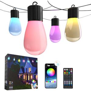 50FT Smart Outdoor/Indoor String Lights, 20 Dimmable RGBICW Bulbs, App-Controlled Waterproof LED Lights with 210 Lighting Modes & Music Sync for Backyard for Backyard, Holiday Decor