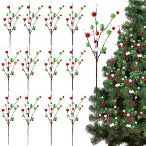 Hotop 16 Inch Christmas Tree Picks Decorations Red Green Christmas Ornaments Xmas Floral Branches and Ball Picks Decoration for Holiday Tree Topper Decor(Classic,12 Pcs)