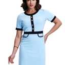 SeSe Code Women's Color Block Modest Work Dress Short Sleeve Business Dresses Button Crew Neck Elegant Bodycon Baby Blue XL (Blue, XL)