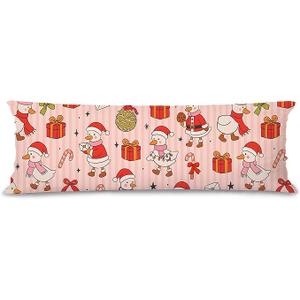 Coquette Pink Christmas Santa Goose Body Pillow Cover 20x54, Cute Christmas Decor, Retro Girly Xmas Bow Candy Cane Bauble Gift Box Long Body Hug Pillow Pillowcase for Bed Couch Kids Adults