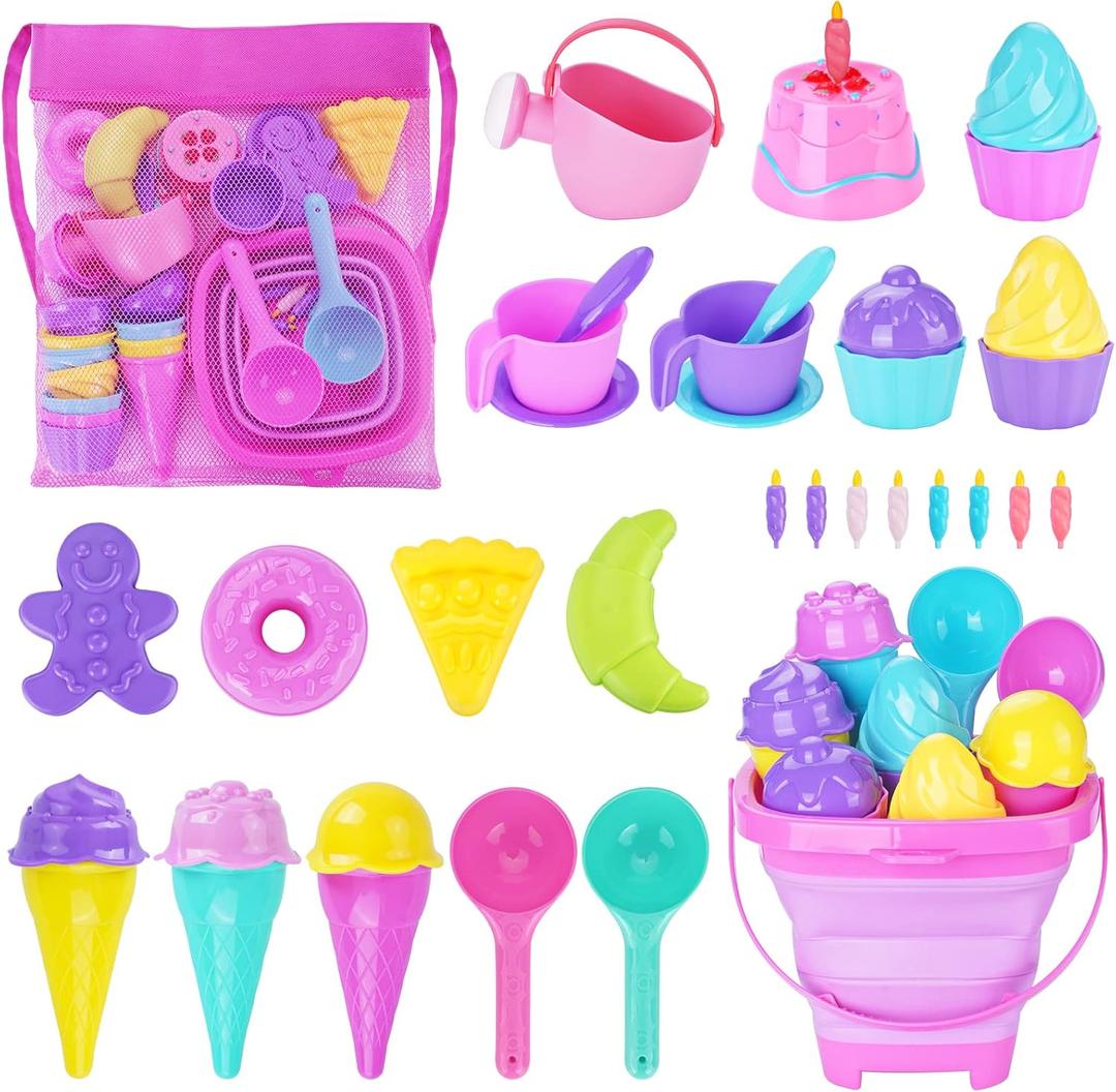 Ice Cream Beach Toys Sand Toys Set for Kids, Collapsible Sand Bucket and Shovels Set with Mesh Bag, Sand Molds, Watering Can, Sandbox Toys for Kids and Toddlers, Travel Sand Toys for Beach