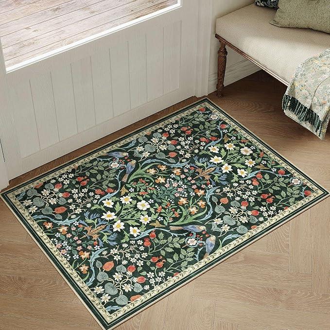 4x6 Washable Area Rug for Living Room Green Floral Vintage Non Slip Low Pile Thin Rug Soft Lightweight Stain Resistance Carpet Kitchen Bathroom Entryway Laundry Room Nursery Home Decor
