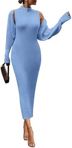 PRETTYGARDEN Women's Fall 2 Piece Outfits Knit Long Sleeve Cropped Cardigan Pullover Sweater Maxi Dress Sets Winter Clothing, Small