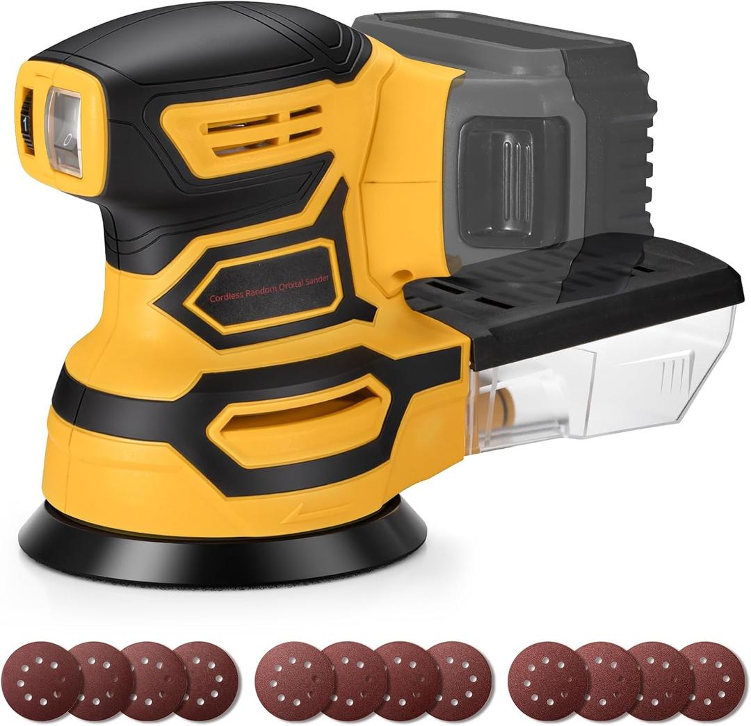 Cordless Orbital Sander for Dewalt 20V Battery, Brushless 6 Variable Speeds, 6000 to 12000 OPM, 12Pcs Sandpapers With Dust Collector for Woodworking Sanding (Battery Not Included) (Yellow)