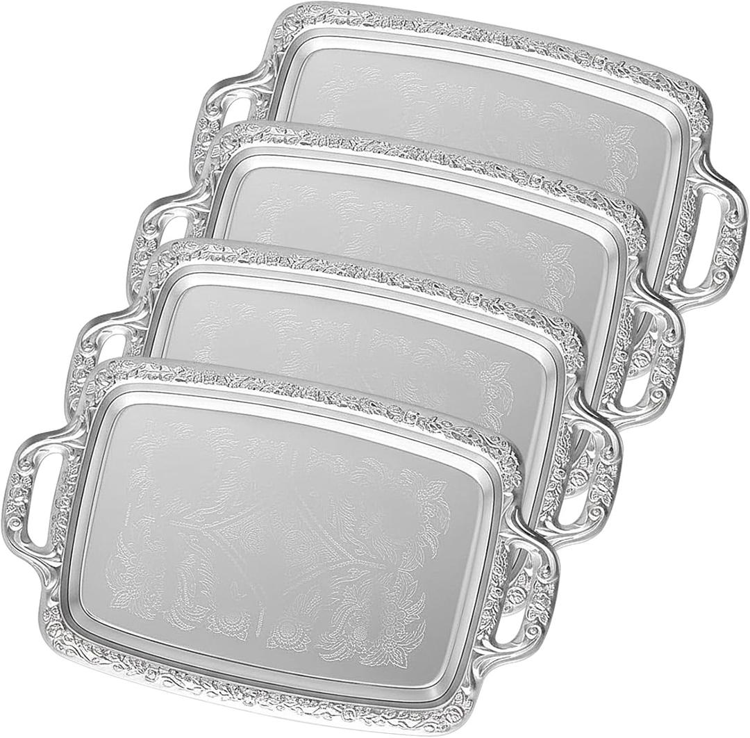 4 Pcs Silver Serving Tray Elegant Floral Metal Plate Silver Platter for Buffet Wedding Party Jewelry Decorative (Oblong with Handle)