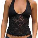 Women Sexy V Neck Lace Halter Top Backless Sheer Mesh Y2k Trendy Going Out Tops (M)