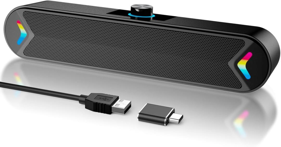 LENRUE Computer Speakers for Desktop,PC Speakers with Basic Stereo Sound & Colorful Lights, Single USB for Both Power and Audio,Desktop Laptop Sound Bar Speakers for Gaming,Movies,Music
