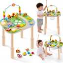Activity Table for 1 Year Old with Two Height Levels,Wooden Sensory Play Table for Toddlers 1-3,8 in 1 Montessori Learning Toy with Bead Maze, Shape Sorter & Train,Gift for Baby Boys Girls (Farm)