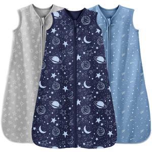 Baby Sleep Sack 0-6 Months 3 Pack 100% Cotton Lightweight 0.5 TOG Wearable Blanket Baby Sleep Bag with 2-Way Zipper for Newborn Infant Blue (Small)