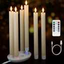 Rechargeable Flameless Taper Candles with Charging Station, 6 Pcs Real Wax LED Taper Candles Flickering with Remote&Timer, 3D Flame Battery Candlesticks for Home Wedding Christmas Decor (Ivory)