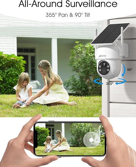 ANRAN Solar Security Cameras Wireless Outdoor,2K Cameras for Home Security with Fixed Solar Panel, 360 PTZ for Home Surveillance,2.4G WiFi, PIR Human Detection, 3MP Color Night Vision, 2 Pack