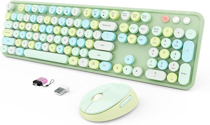 Wireless Keyboard and Mouse Combo, Colorful Ergonomic Full Size Retro LowNoise Keyboard with Cute keycaps, Compatible with Windows, PC, Perfer for Home and Office Keyboards (Green)