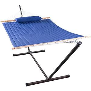 Lazy Daze Quilted Fabric Hammock with 12-Foot Stand, Double 2-Person Hammock with Pillow for Outdoor Outside Patio, Garden, Backyard, 450LB Capacity, Royal Blue