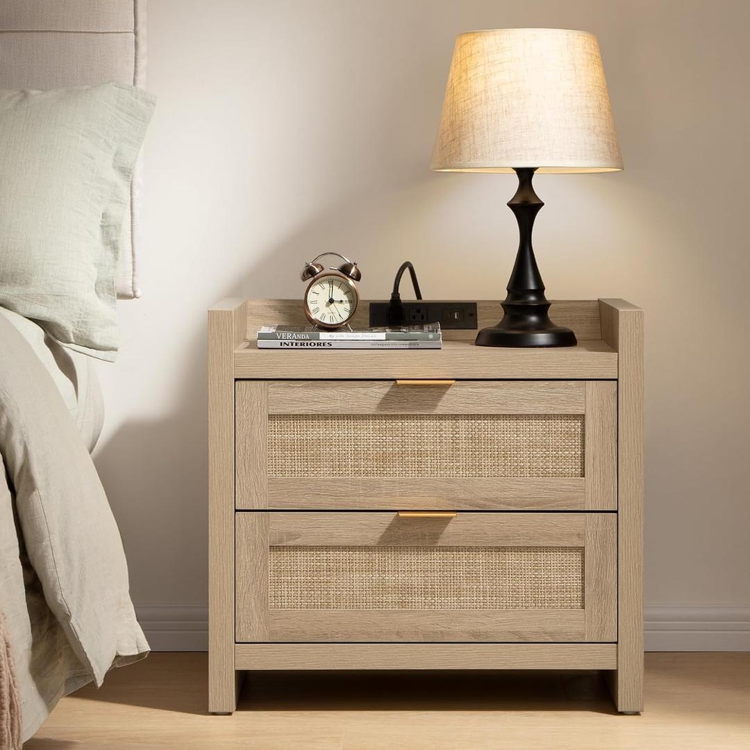 SICOTAS Rattan Nightstand Bedside Table - Night Stand with Type-C Charging Station, 2 Drawers Storage - Boho Night Stands End Table for Bedroom - Light Oak, 1 Piece