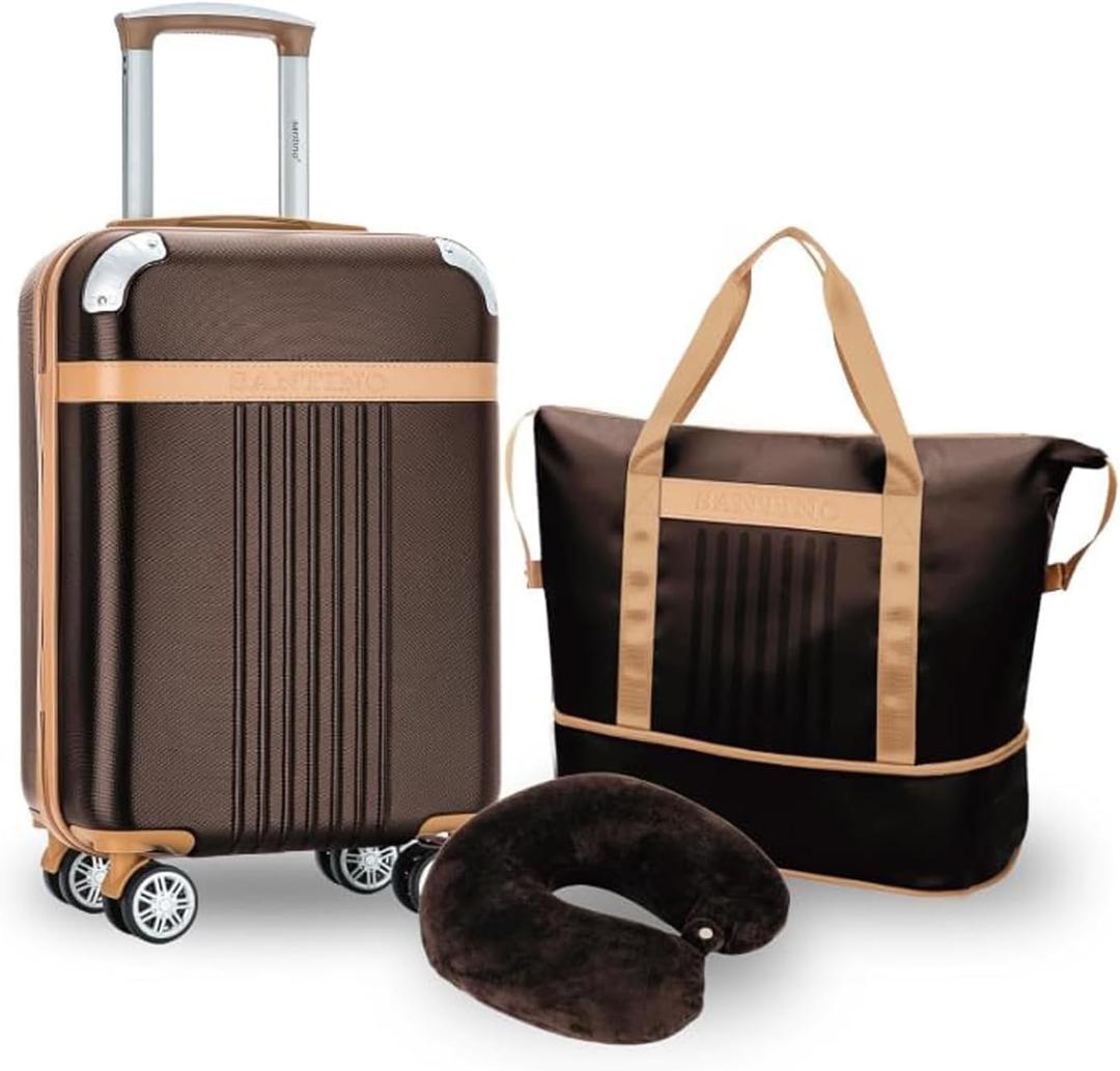 Santino Luggage Sets Carry On Luggage 22x14x9 Airline Approved 3 Piece Suitcases with Spinner Wheels TSA Lock ABS Hard Case European Travel 20 Inch Baggage Duffle bag Expandable Neck Pillow