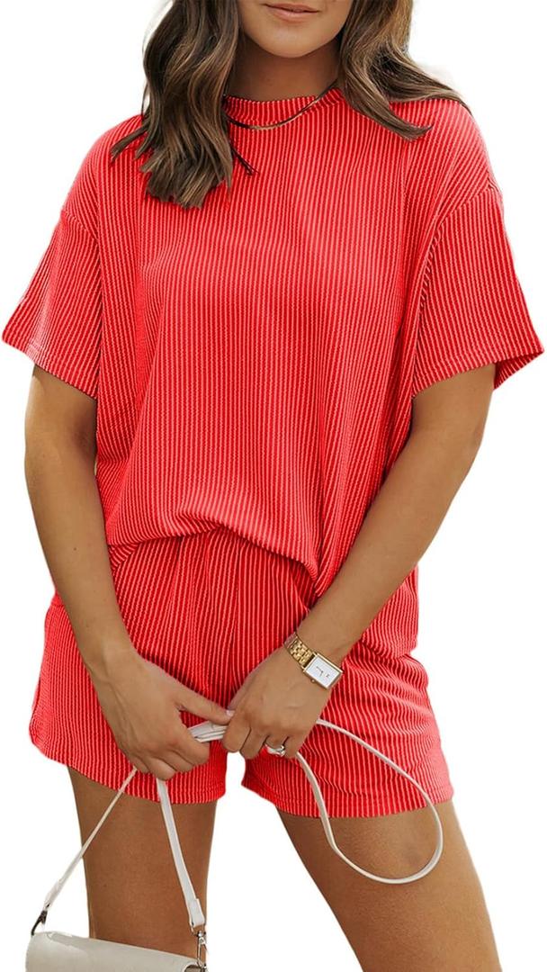 MARZXIN Women's 2 Piece Outfits Summer Tracksuit Ribbed Textured Knit Loose Lounge Shorts Set Short Sleeve Matching Sets, XL