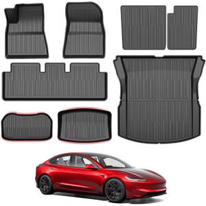 Powerty Floor Mats for 2024 2025 2026 Tesla Model 3 Highland 8 PCS Floor Cargo Liners Full Set All Weather TPE 3D 2 Row Liner Front Rear Storage Mat and Rear Seat Back Mats