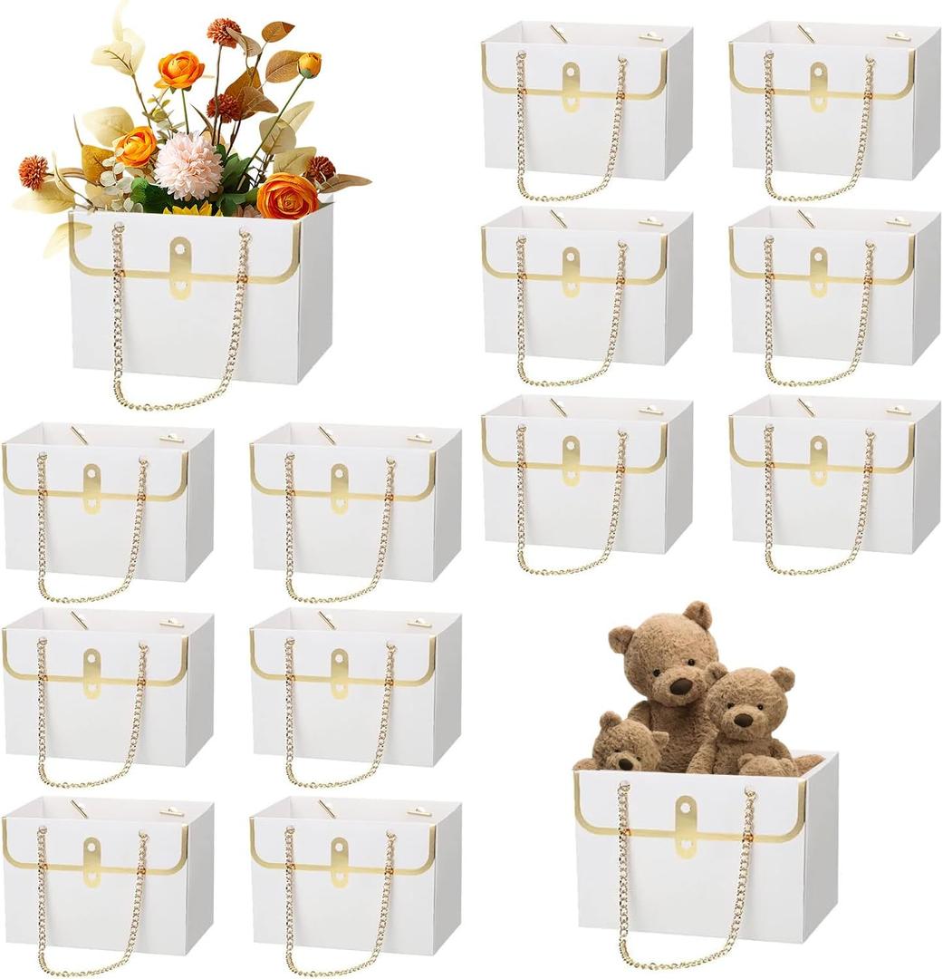KAZIPA 12 Pcs Paper Flower Gift Bags Wedding Bouquet Flower Box with Handle for Arrangements Wrapping Bags Florist Handbag for Gift, Wedding, Baby Shower, Party, Feast, Meeting (White)