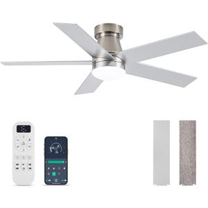 Ceiling Fans with Lights and Remote Control, Brushed Nickel Flush Mount Ceiling Fan with Light 3-Color Dimmable, Memory for Lighting and Fan Reversible, 6-Speed, Timer, Indoor/Outdoor Use, 47 Inch