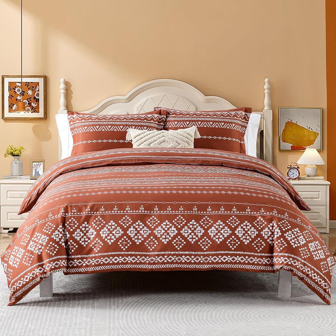 Quilta Boho Duvet Cover King Size - 100% Cotton Red King Duvet Cover Set Bohemian 3 Pieces Soft Comforter Set with Zipper Closure 8 Corner Ties for All Seasons, Burnt Orange/White ((104"x90") King)