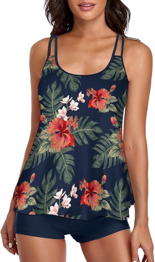 Urchics 2026 Women Two Piece Tankini Swimsuit Tummy Control Plus Size Long Torso Top and High Waisted Boyshorts Bathing Suits (Large, 01-tropical Navy)