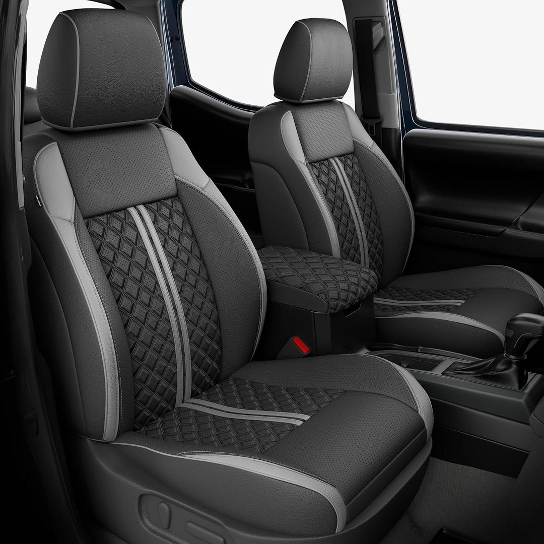 RIDEPOSH Custom Leather Seat Covers for Toyota Tacoma Double Cab 2016-2023 | full set, BKgray, OEM fit, premium waterproof leather, anti-slip, extra pockets, long-term durability, airbag compatible