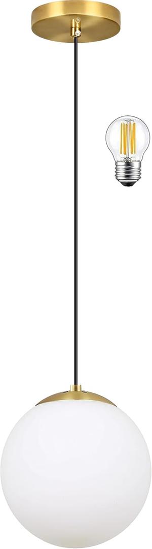 KoKo&Yukina 6-inch mini Modern Globe Pendant Light Opal Glass with Brass Finish Contemporary Mid Century Adjustable Hanging Light Fixture Mid Century Pendant Light for Living Room Bedroom Kitchen