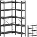 Huuger 5 Tier Bookshelf, L Shaped Corner Bookshelf with 10 Open Shelves, 49.4 Inch Straight Wide Bookcase with Metal Frame and Wooden Board, Adjustable Feet, Black