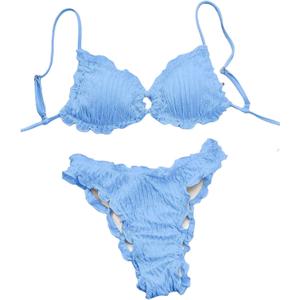 RoseSeek Women's Two Piece Textured Bikini Set Ring Linked Triangle Bathing Suit Tie Back Cheeky Swimsuit (Blue, S)