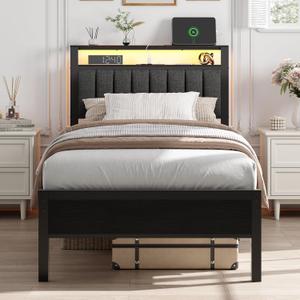 Twin Bed Frames with Headboard, LED Lights & Charging Station