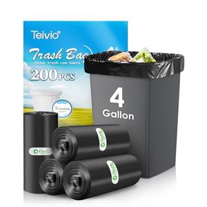 Teivio 4 Gallon 200 Counts Strong Trash Bags Garbage Bags, Bathroom Trash Can Bin Liners, Small Plastic Bags for Home Office Kitchen Kitchen (Black)