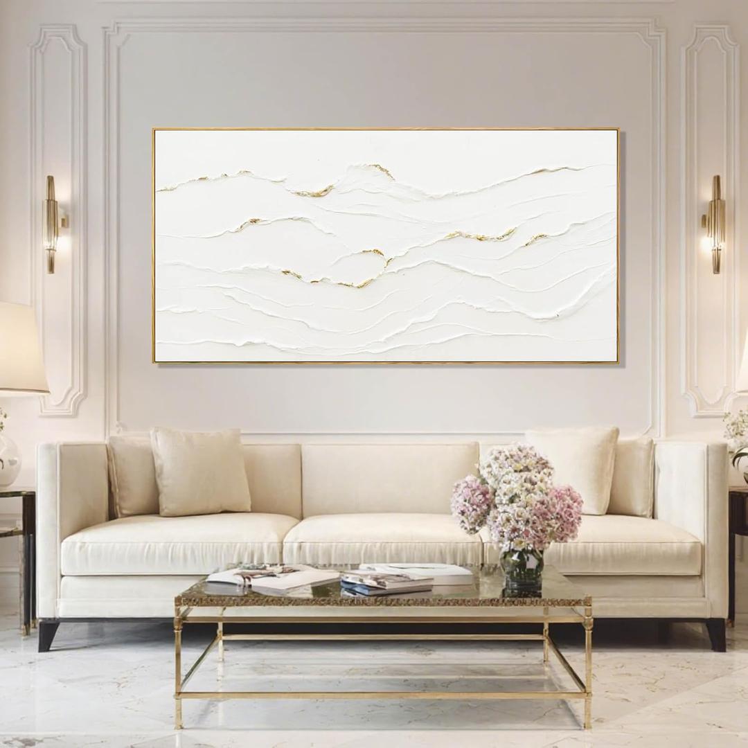 WINKAILIN Minimalist White and Gold Line Artwork with Frame Hand Painted Abstract Canvas Wave Wall Art for Bedroom Living Room Office 24"x48"